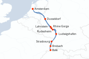 Carte de l'itinéraire de croisière Bale-Amsterdam d'une durée de 7 jours