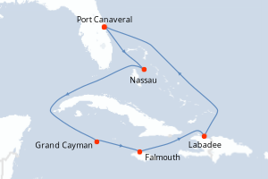 Carte de l'itinéraire de croisière Port Canaveral-Port Canaveral d'une durée de 6 jours
