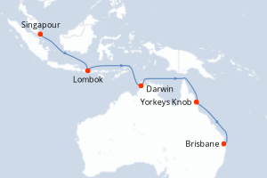 Carte de l'itinéraire de croisière Singapour-Brisbane d'une durée de 13 jours