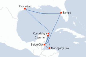 Carte de l'itinéraire de croisière Galveston-Tampa d'une durée de 6 jours