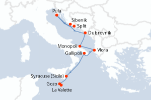 Carte de l'itinéraire de croisière Split-La Valette d'une durée de 9 jours