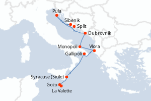 carte itinéraire croisière Adriatique 9 jours au départ du port de La Valette