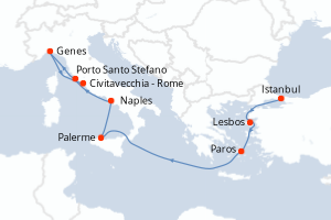 Carte de l'itinéraire de croisière Istanbul-Civitavecchia - Rome d'une durée de 8 jours