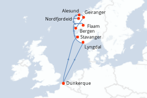 Carte de l'itinéraire de croisière Dunkerque-Dunkerque d'une durée de 11 jours