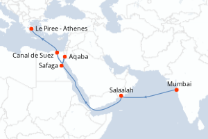 Carte de l'itinéraire de croisière Mumbai-Le Piree - Athenes d'une durée de 15 jours