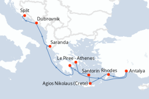 carte itinéraire croisière Adriatique 11 jours au départ du port de Le Piree - Athenes