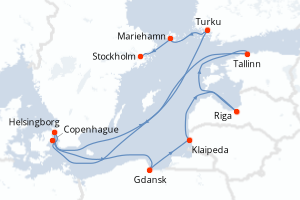 Carte de l'itinéraire de croisière Copenhague-Stockholm d'une durée de 11 jours