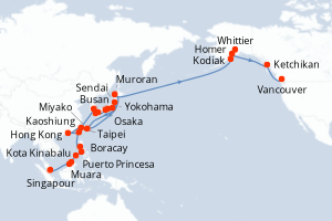 carte itinéraire croisière Alaska 40 jours au départ du port de Singapour