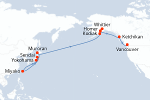 carte itinéraire croisière Alaska 18 jours au départ du port de Yokohama