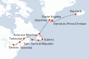 carte itinéraire croisière Saint Laurent 15 jours au départ du port de Reykjavik