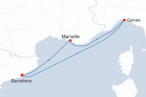 Carte itinéraire croisière Espagne, France, Italie - 4 jours au départ de Barcelone - Méditerranée