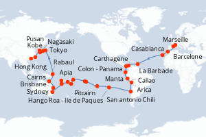 carte itinéraire croisière Tour du Monde 83 jours au départ du port de Marseille