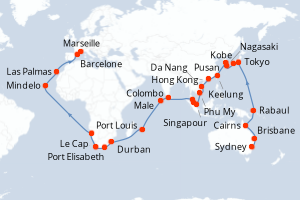 carte itinéraire croisière Tour du Monde 72 jours au départ du port de Marseille