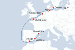 carte itinéraire croisière Méditerranée 10 jours au départ du port de Kiel