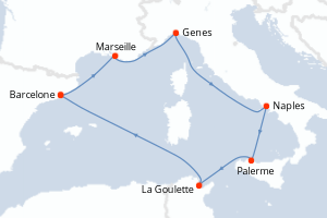 carte itinéraire croisière Sicile 7 jours au départ du port de Barcelone