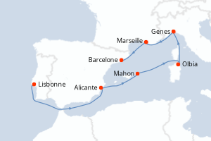 carte itinéraire croisière Sardaigne 7 jours au départ du port de Lisbonne