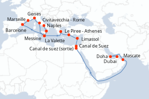 carte itinéraire croisière Moyen-Orient Dubaï 26 jours au départ du port de Naples