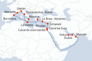 carte itinéraire croisière Moyen-Orient Dubaï 25 jours au départ du port de Messine