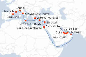 carte itinéraire croisière Moyen-Orient Dubaï 24 jours au départ du port de Barcelone