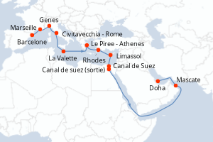 carte itinéraire croisière Mer Rouge Océan Indien 20 jours au départ du port de Barcelone