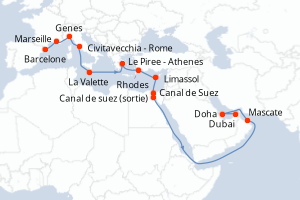 carte itinéraire croisière Moyen-Orient Dubaï 22 jours au départ du port de Barcelone