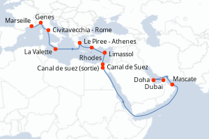 carte itinéraire croisière Moyen-Orient Dubaï 21 jours au départ du port de Marseille