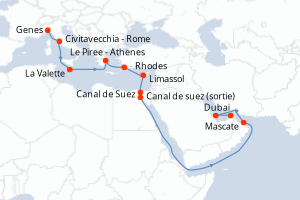 carte itinéraire croisière Moyen-Orient Dubaï 20 jours au départ du port de Genes