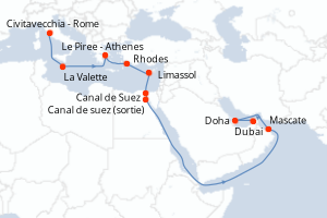 carte itinéraire croisière Moyen-Orient Dubaï 19 jours au départ du port de Civitavecchia - Rome