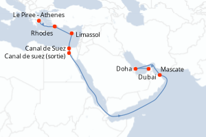 carte itinéraire croisière Moyen-Orient Dubaï 15 jours au départ du port de Le Piree - Athenes