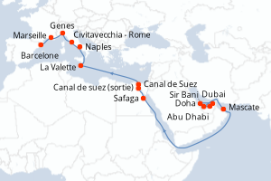 carte itinéraire croisière Méditerranée 23 jours au départ du port de Doha