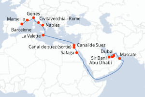 carte itinéraire croisière Méditerranée 21 jours au départ du port de Dubai