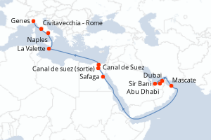 Carte de l'itinéraire de croisière Dubai-Genes d'une durée de 19 jours