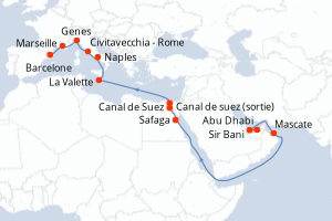 carte itinéraire croisière Méditerranée 19 jours au départ du port de Abu Dhabi