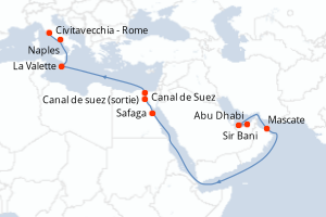 carte itinéraire croisière Méditerranée 16 jours au départ du port de Abu Dhabi