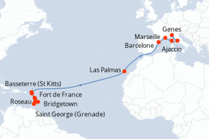 Carte de l'itinéraire de croisière Genes-Fort de France d'une durée de 21 jours