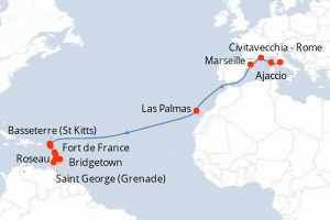 carte itinéraire croisière Transatlantique 20 jours au départ du port de Civitavecchia - Rome