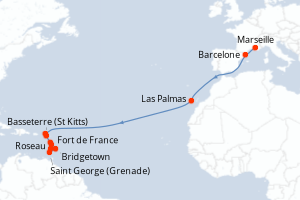 carte itinéraire croisière Transatlantique 18 jours au départ du port de Marseille