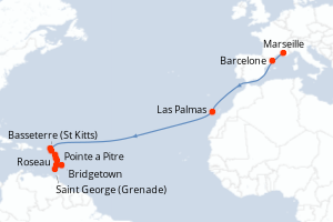 carte itinéraire croisière Transatlantique 19 jours au départ du port de Marseille