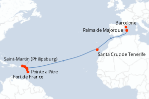 carte itinéraire croisière Transatlantique 15 jours au départ du port de Fort de France