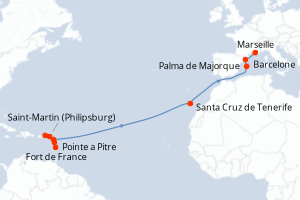 Carte de l'itinéraire de croisière Fort de France-Marseille d'une durée de 16 jours