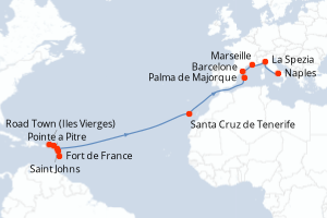 carte itinéraire croisière Transatlantique 18 jours au départ du port de Fort de France
