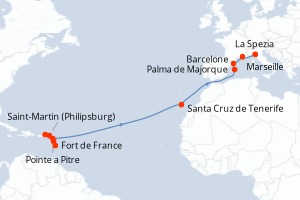 carte itinéraire croisière Transatlantique 17 jours au départ du port de Fort de France