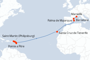 carte itinéraire croisière Transatlantique 15 jours au départ du port de Pointe a Pitre