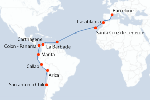 carte itinéraire croisière Transatlantique 26 jours au départ du port de Barcelone