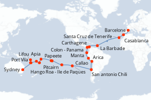 carte itinéraire croisière Australie Nouvelle Zélande 56 jours au départ du port de Barcelone