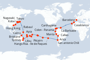 carte itinéraire croisière Asie 82 jours au départ du port de Barcelone