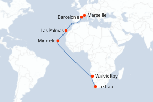 carte itinéraire croisière Méditerranée 18 jours au départ du port de Le Cap
