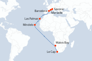 carte itinéraire croisière Méditerranée 19 jours au départ du port de Le Cap