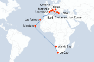 carte itinéraire croisière Méditerranée 24 jours au départ du port de Le Cap