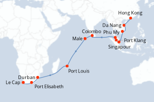 Carte de l'itinéraire de croisière Hong Kong-Le Cap  d'une durée de 29 jours